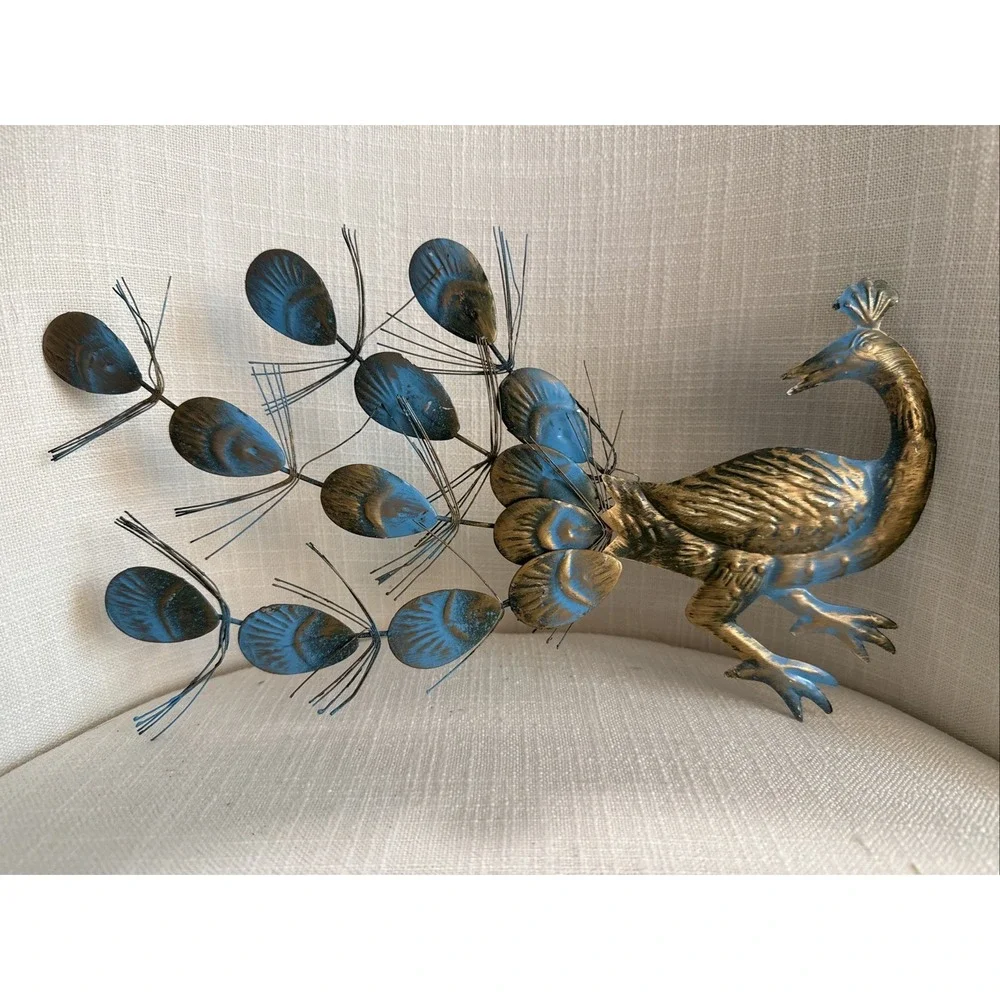 Set Of 4 Peacocks Wall Hangings Art Metal/Tin Turquoise Blue/Gold Hong Kong